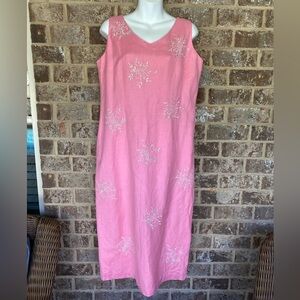 Vintage Positive Attitude Pink Linen Embroidered beaded Shift Dress size 14